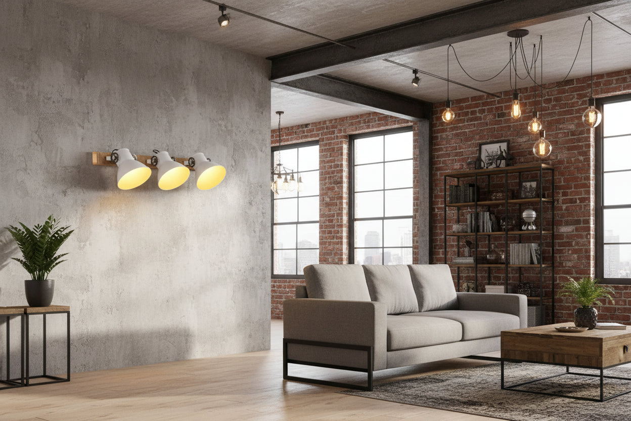 LumiCasa Triple Industrial Wall Light – White & Wood (3-Shade)