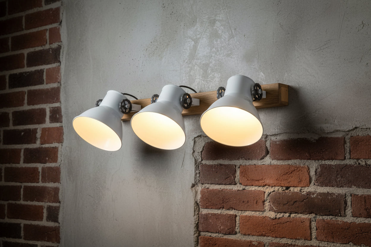 LumiCasa Triple Industrial Wall Light – White & Wood (3-Shade)