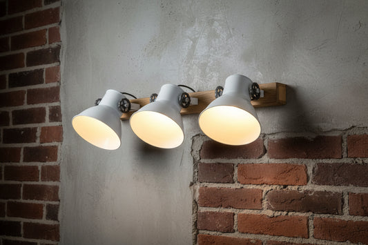 LumiCasa Triple Industrial Wall Light – White & Wood (3-Shade)