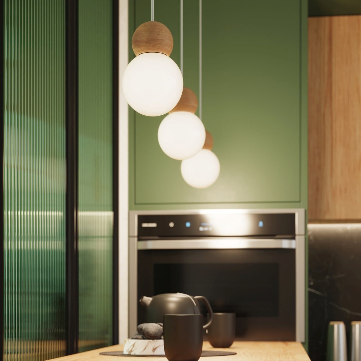 Pekka 3P Pendant Light – White / Natural wood, view 14