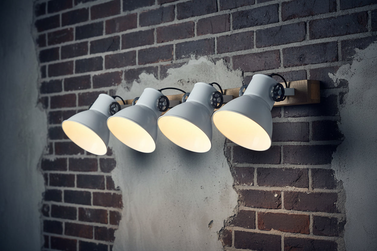 LumiCasa Four-Shade Industrial Wall Light – White & Wood