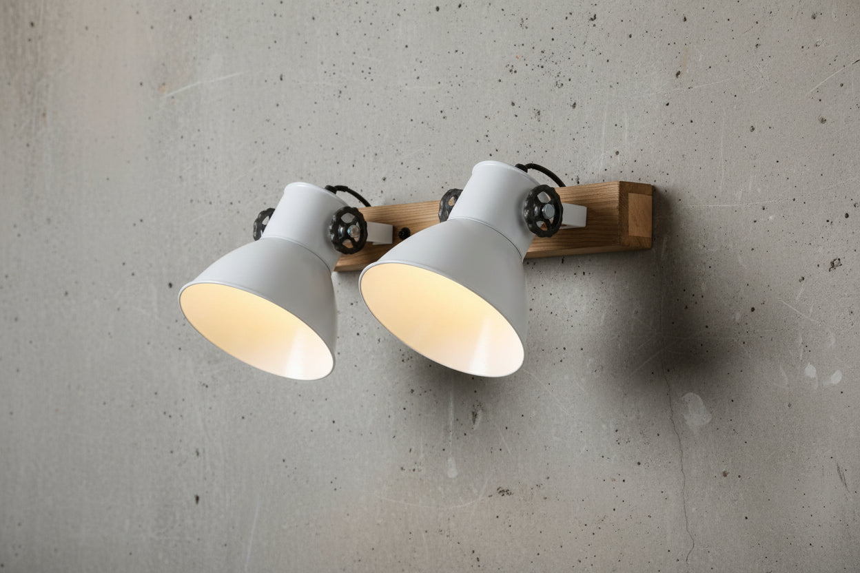 LumiCasa Double Industrial Wall Light – White & Wood (2-Shade)