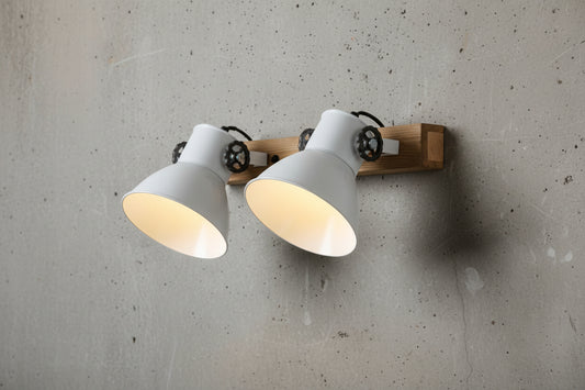 LumiCasa Double Industrial Wall Light – White & Wood (2-Shade)